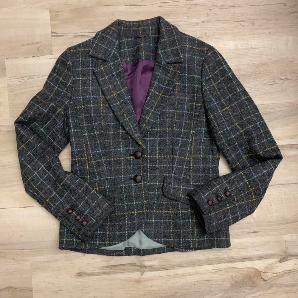 Boden Grey Yellow Wool Plaid Double Breasted Blazer Jacket US 6 UK 10